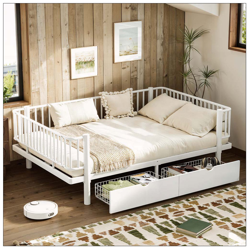 Lit plateforme avec tiroirs de rangement, Blanc clair, Lit double