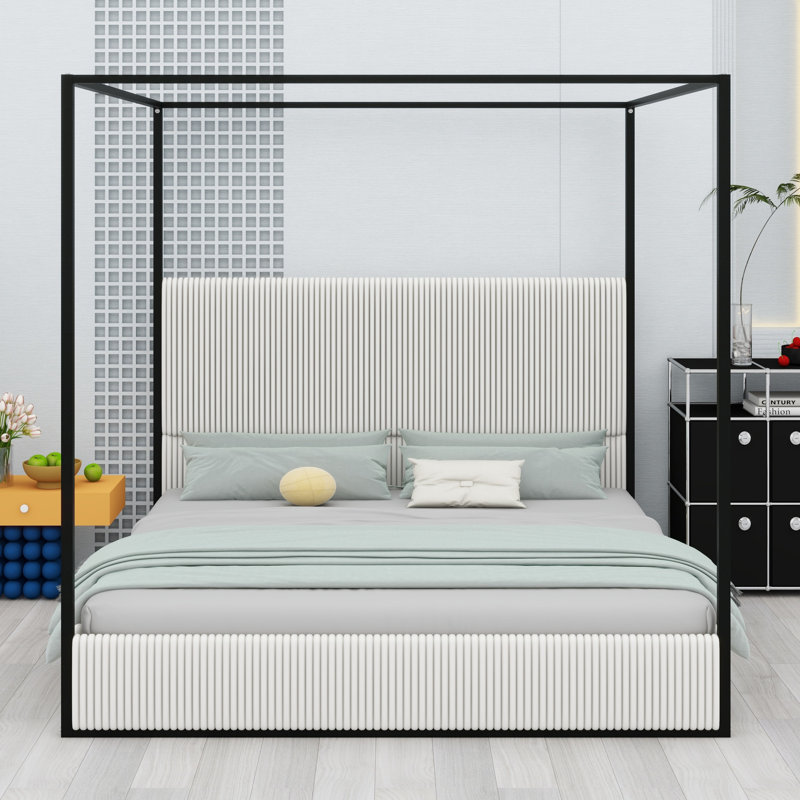 Modern Canopy Bed With Upholstered Headboard, King