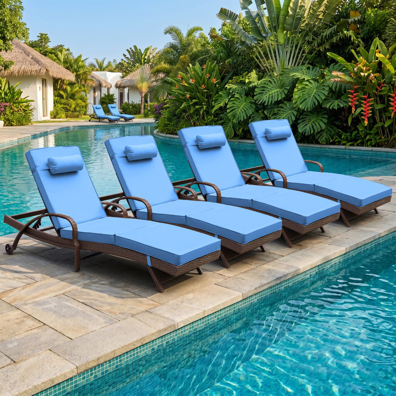 Set of 4 Outdoor Wicker Chaise Lounge with 6 Adjustable Reclining Positions,Cushion,Pillow & Wheels, Blue