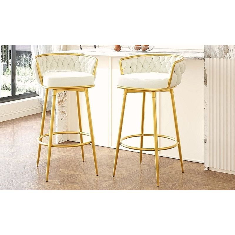 Ensemble de 2 tabourets pivotants à hauteur de comptoir, tabourets à hauteur de bar avec dossier tissé à la main et pieds en métal doré, chaises de cuisine modernes à dossier bas avec repose-pieds pour îlot, salle à manger