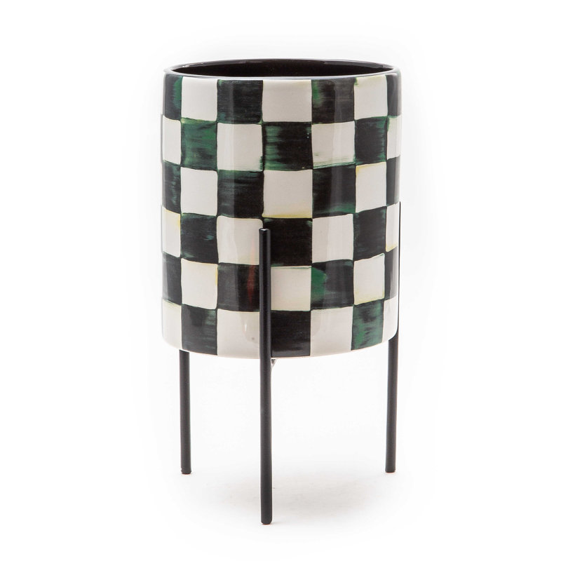Black and White Ceramic Planter with Metal Stand