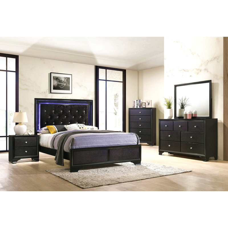 Mobilier de chambre à coucher moderne capitonné à finition noire avec panneau de lit double en faux diamant, Double