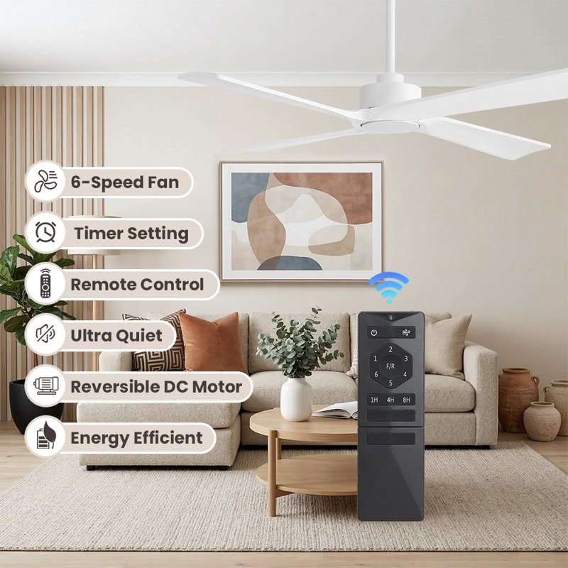 4-Solid Wood Blades Indoor Standard Ceiling Fan with Remote Down-Rod Mount, White, 54inch, White