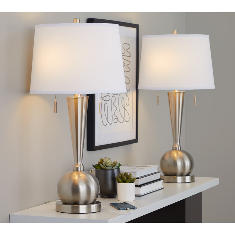 Ensemble de lampes de table en laiton 30,25 "avec USB, Nickel brossé