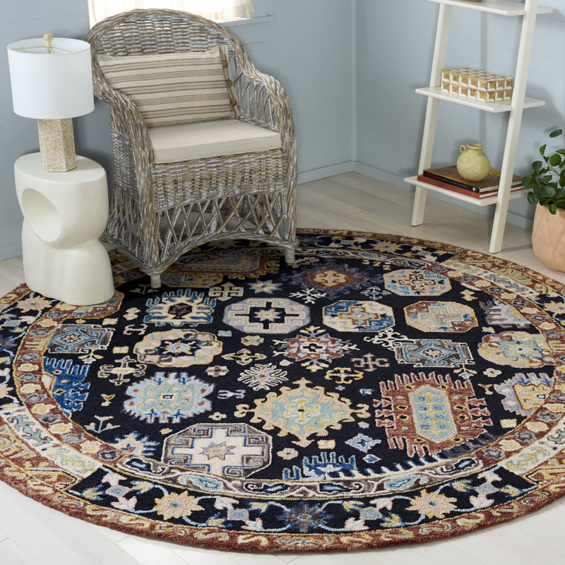 Shanisha Tufted Wool/Cotton Southwestern Rug in Black/Ivory, Round 7'