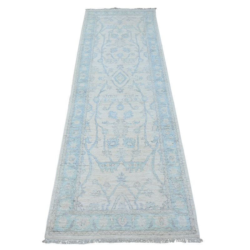 2'7" x 8'2" Nebulous White Hand Knotted Washed Out Peshawar Wool Runner Rug