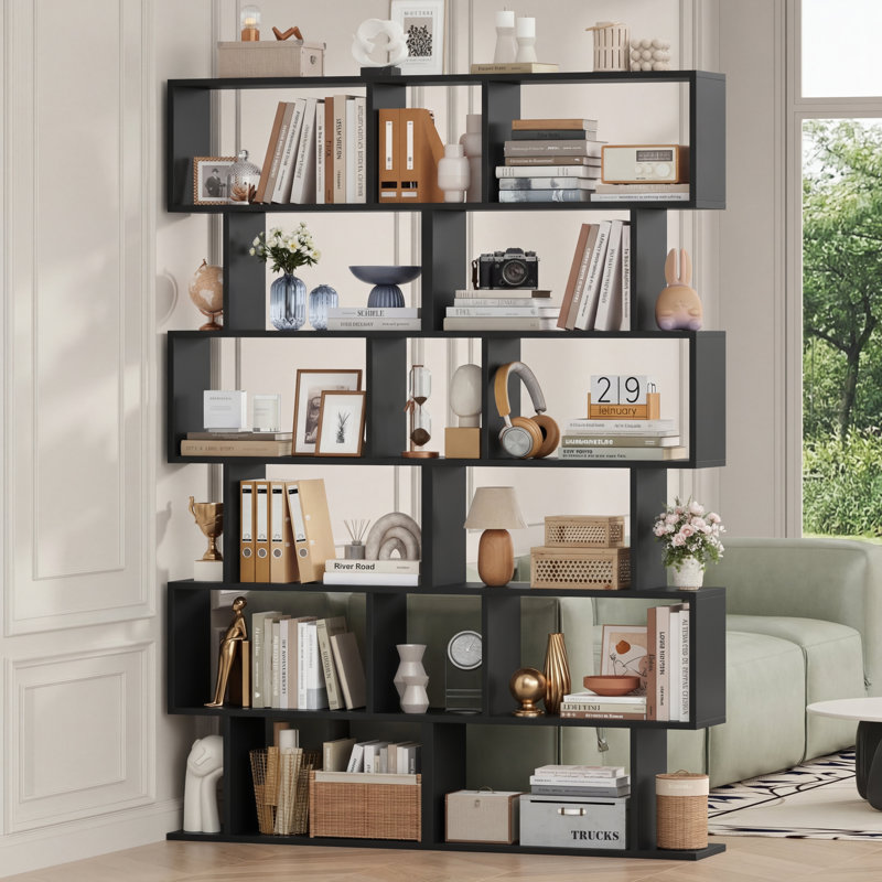 Hermoth 75'' H X 27.6'' W Tall Geometric Bookcase,6-Tier Storage Shelf, Contemporary Display Shelf, Black, 2