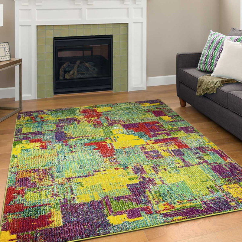 Tapis décoratif abstrait mauve/jaune/vert Enya, Rectangle 6 pi 6 po x 9 pi 5 po