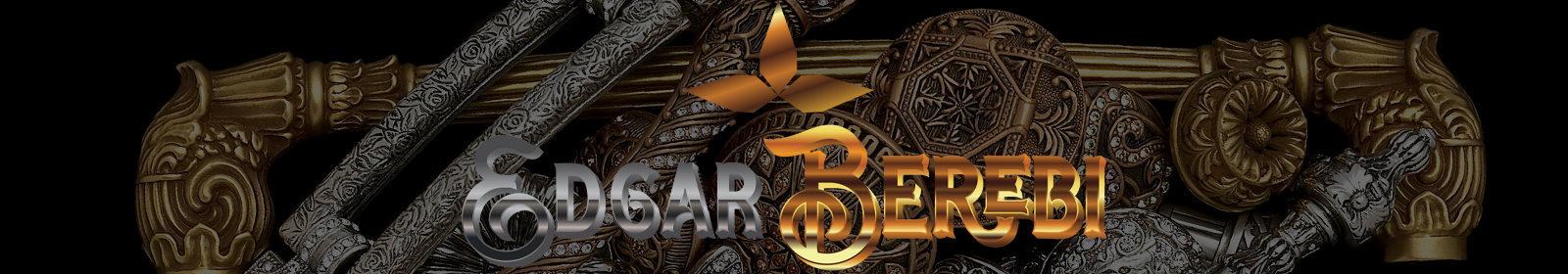 Edgar Berebi logo set against a background of ornate, metallic decorative hardware and drawer pulls.
