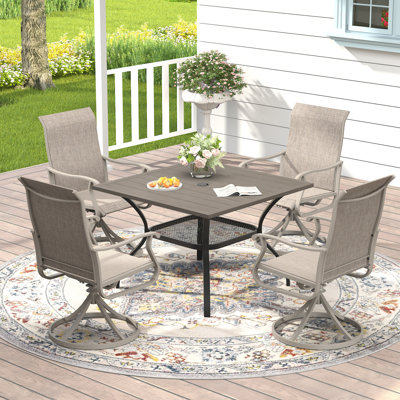 4-Person Patio Dining Set with Square Dining Table with Umbrella Hole and PVC-coated polyester Swivel Chairs