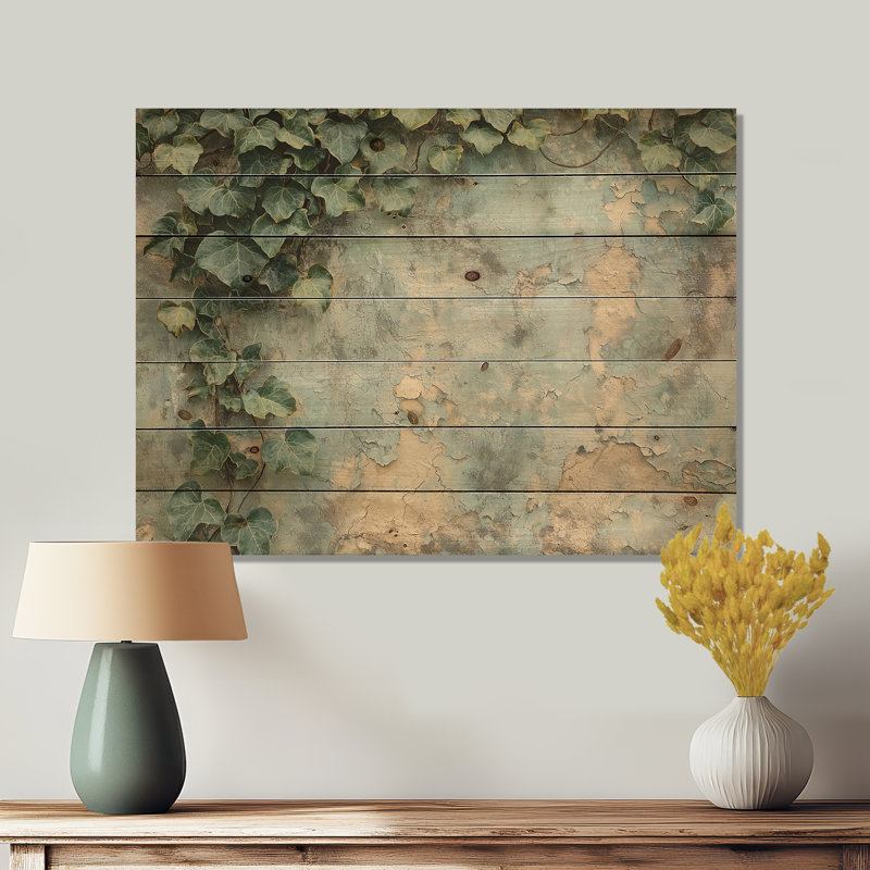 Collage de feuilles de lierre sur un mur III - Impression sur bois de feuilles - sur bois de pin naturel, H 34 po x l 44 po