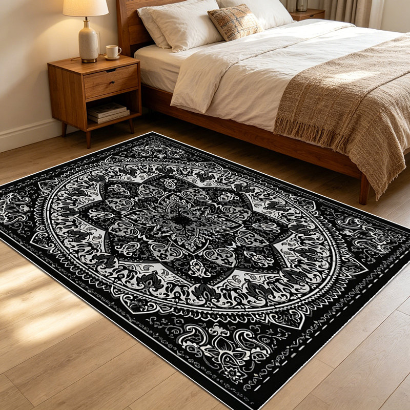 1PC Vintage Bohemian Black & White Medallion Floral Paisley area rugs for Living Room, Soft and Comfortable, Suitable for all seasons, easy-to-maintain, machine washable Indoor floor mat, Under Table Farmhouse suitable for dining area, bedroom,