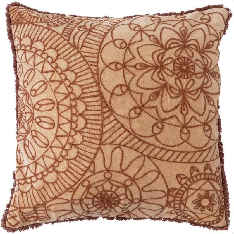 20'' Square Embroidered Cotton Velvet Pillow with Fringe