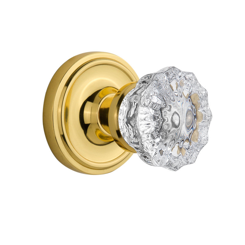 Clear Crystal Interior Mortise Door Knob with Classic Rosette, Polished Brass