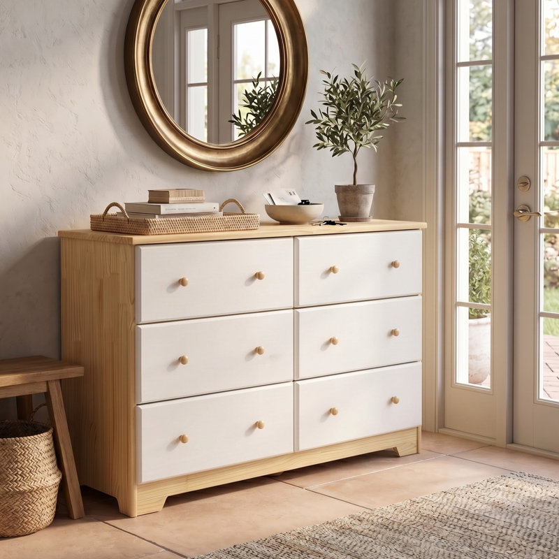 Commode double 6 tiroirs Isabela, Naturel / blanc