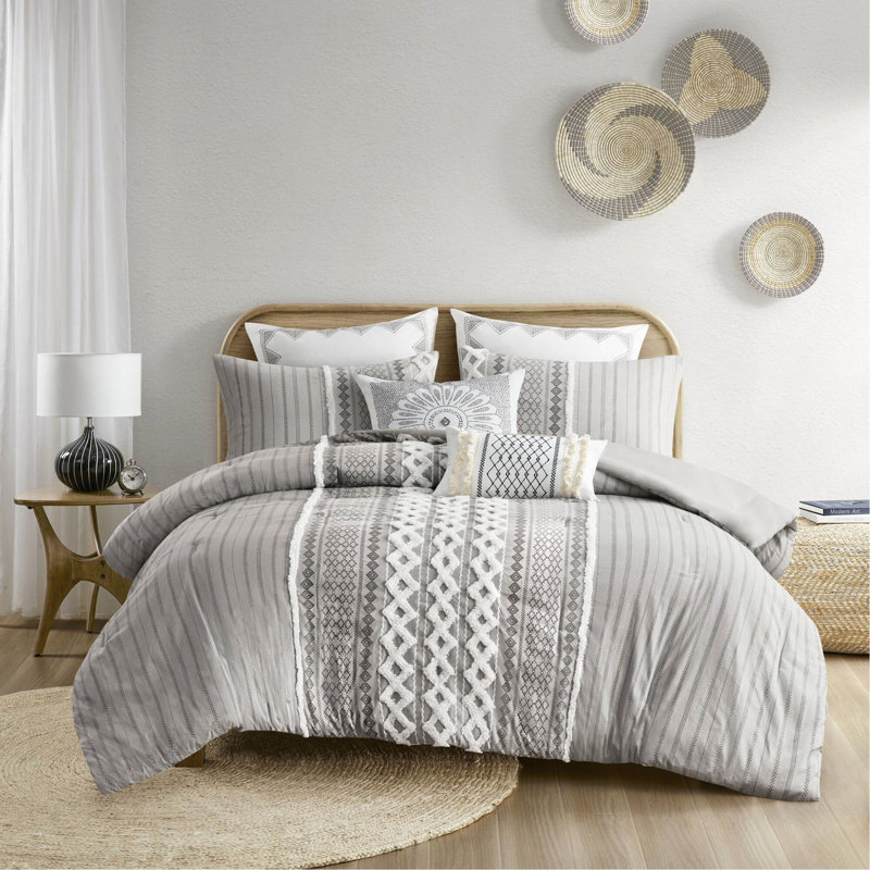 Ensemble d'édredon en coton, Gris, Édredon grand et 2 taies décoratives