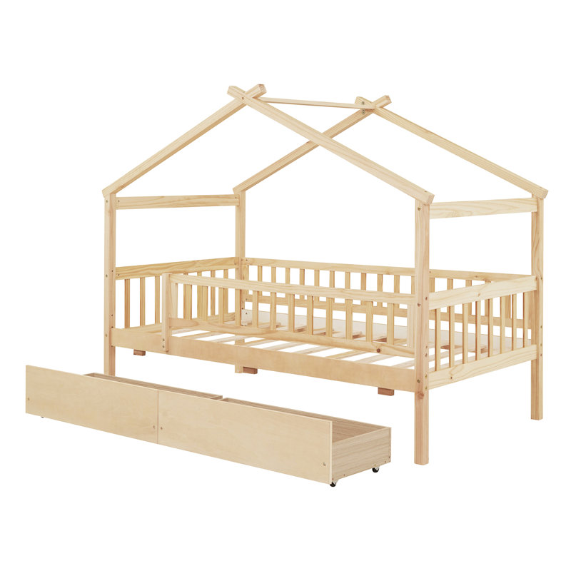 Lit pour la maison Selman avec tiroirs de rangement, barrières de sécurité et toit, Lit simple, Naturel