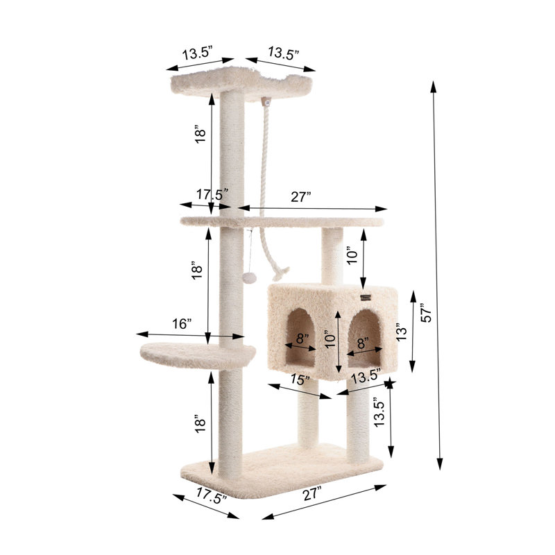 57" Beige Faux Fur and Sisal Cat Tree with Condo