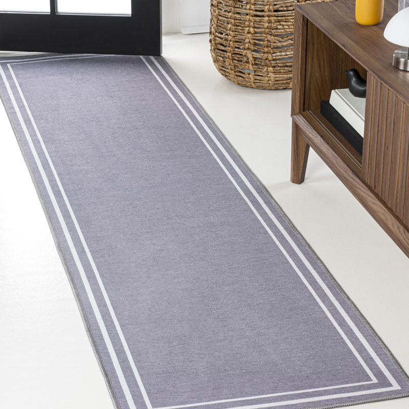 Andujar Classic 2-Stripe Border Washable Gray/Cream Rug, Runner 2' x 8'