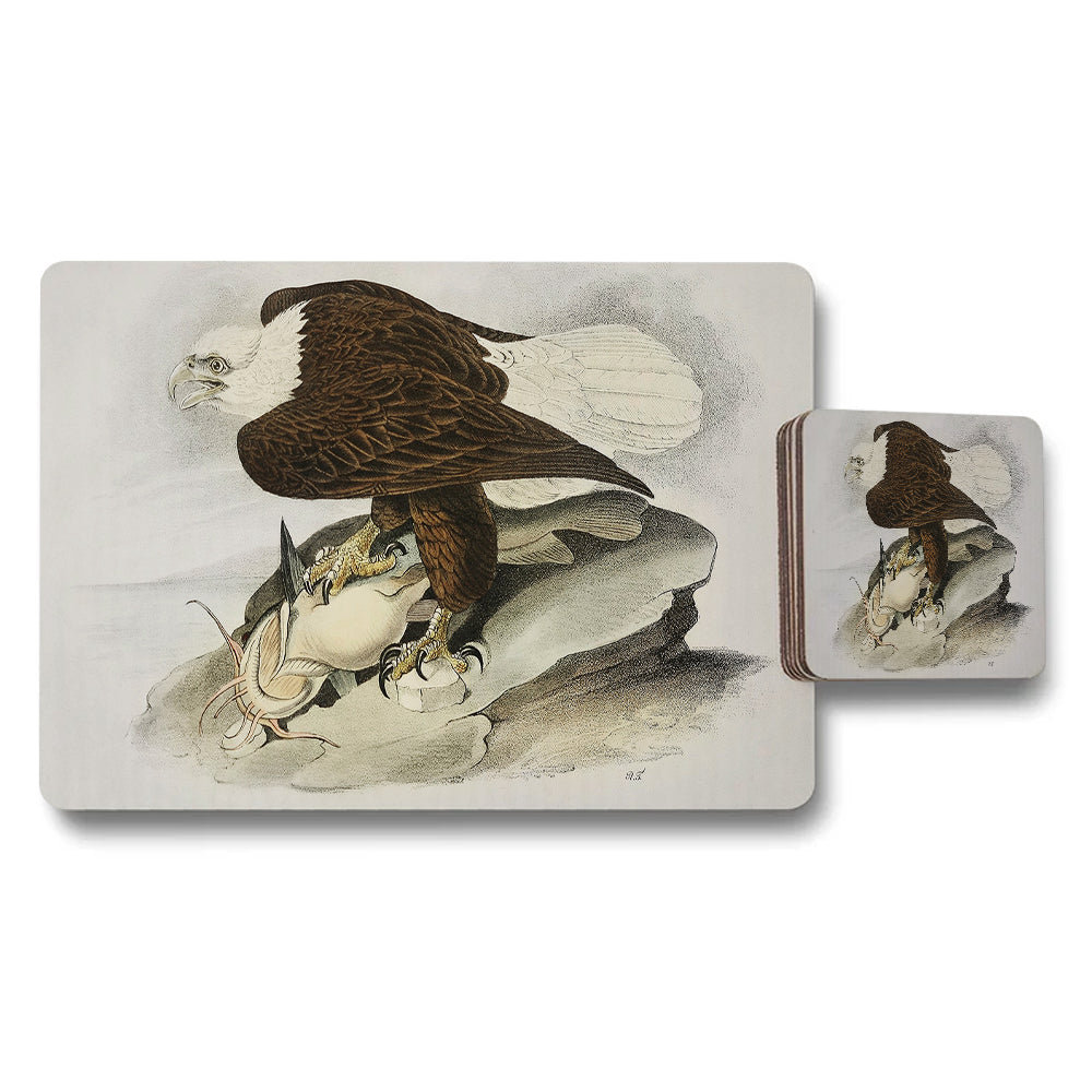 Eagle Themed Placemat And Coaster Set With Vintage Illustration