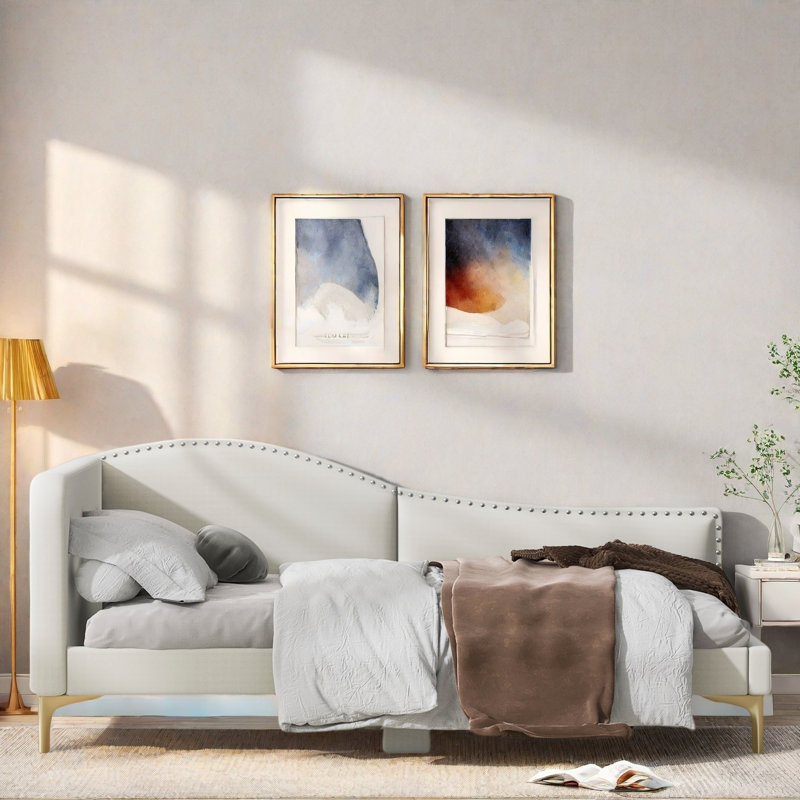 Upholstered Daybed With Headboard And Armrest, Beige, Twin