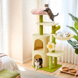 38'' Flower Cat Tree Tower, Cute Cat Tree For Indoor Small Medium Cats, Multi-level Cat Tower With Cat Scratching Post, Cat House, Cat Bed, Stylish Cat Furniture, Green