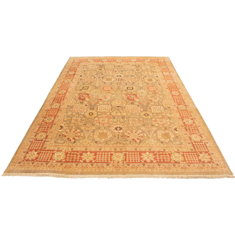 Tapis kaki en laine nouée à la main de conception unique 9 pi 9 po x 13 pi 9 po New Age