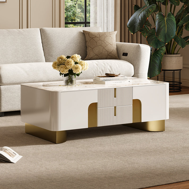Grande table basse rectangulaire beige moderne avec rangement et plateau en pierre frittée