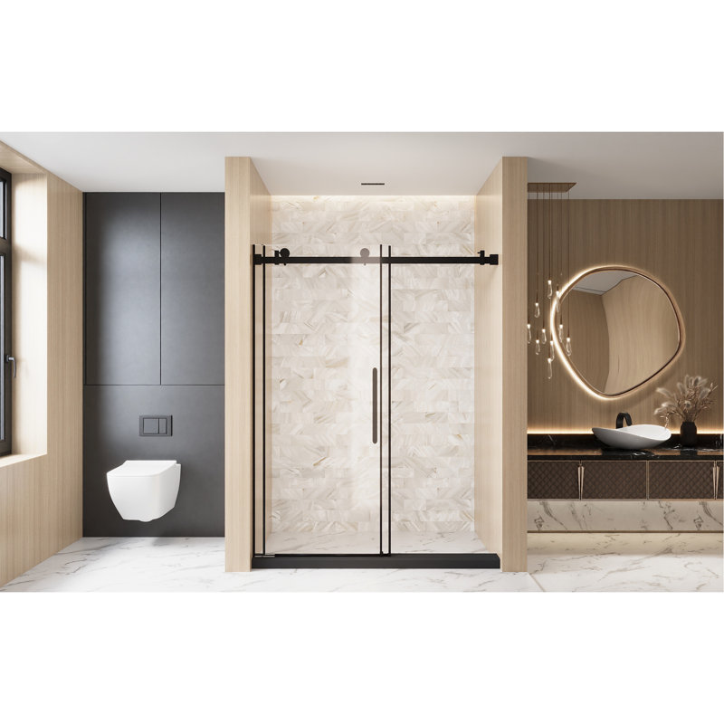 Frameless Single Sliding Shower Door  56-60 "W X 76" H, 1/4 "(6 Mm) Clear Tempered Glass, Explosion Proof Film, Stainless Steel Handle Square Tube Track ,Matte Black
