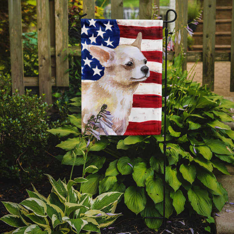 2 côtés en polyester de 2 côtés american drapeau de jardin, Chihuahua avec la patte en l'air