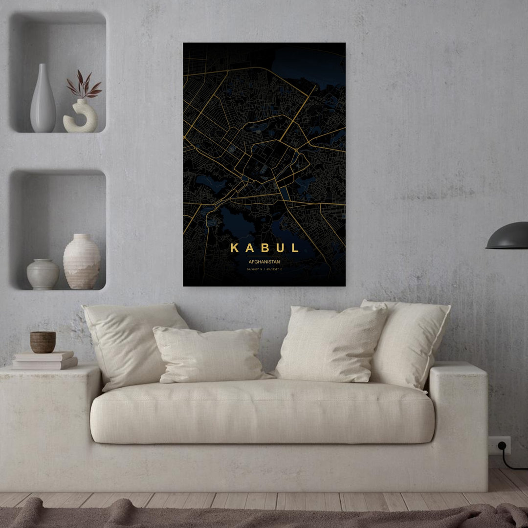 Kabul Golden City Map Abstract Minimalist Modern City Wall Art Print