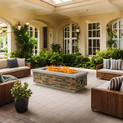 18“ H x 60" W Rectangular Outdoor Natural Gas Fire Pit Table in Faux Stone and Concrete Top 60000BTU