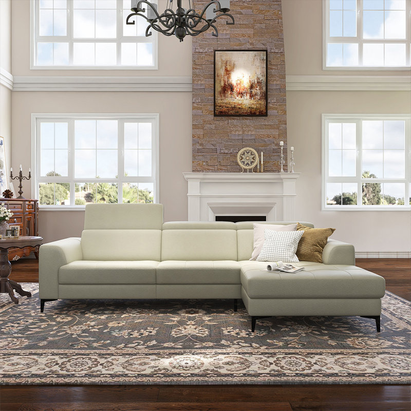 Ladonnia Gray Genuine Leather Sectional, L-Shaped Sofa with Adjustable Headrests,Leather Sofa with Right Hand Facing Chaise - Modern Classic Style