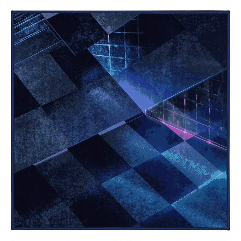 Soft Plush Dahill Retro Checkered Area Rug in Blue – Navy Binding, 4' Square