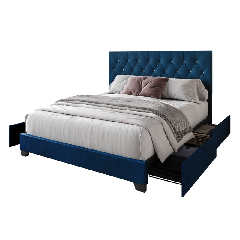 Lit plateforme avec rangement en tissu d'ameublement Svend, Bleu, Grand