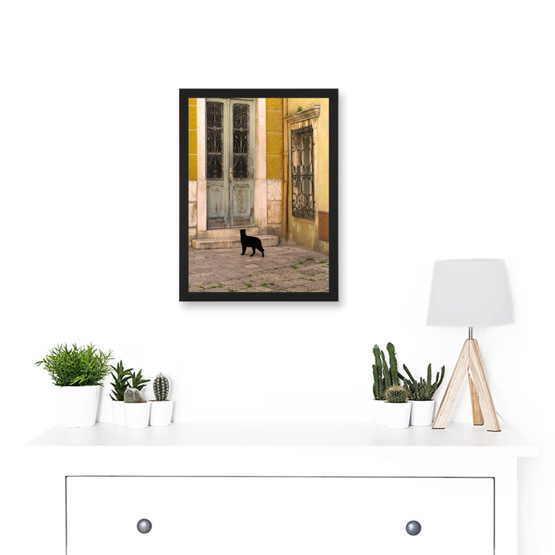 Black Cat Contrast Yellow Brick Old Door - Single Picture Frame Print
