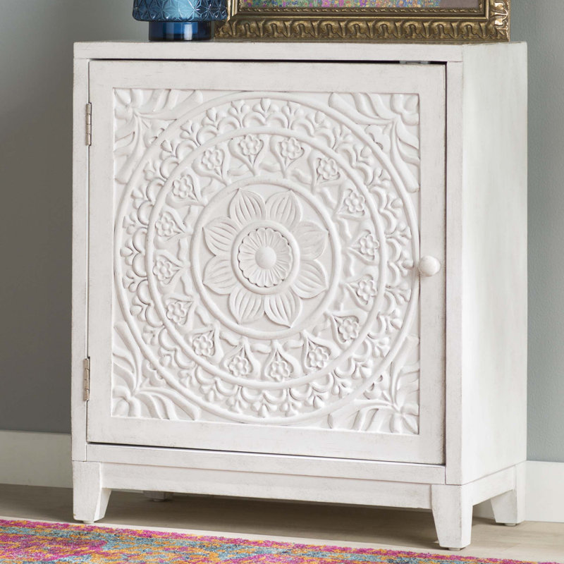 Dix Solid Wood Carved Detail Accent Cabinet, Cream