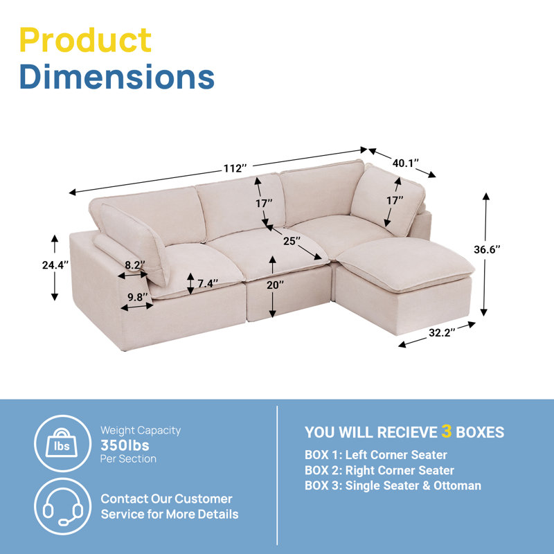 Canapé modulaire en L 112 po, Beige Chenille
