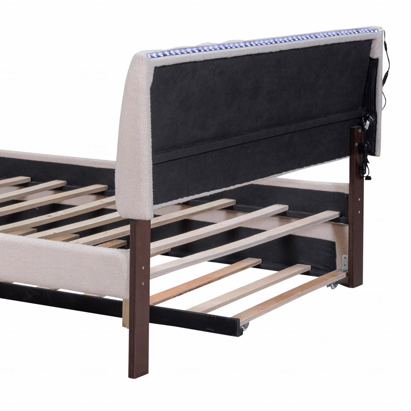 Lit plateforme tapissier avec lit gigogne double Teddy, Beige