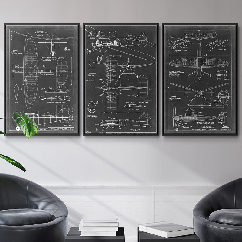 "Aéronautique", ensemble de 3 pièces encadrées sur toile, Noir, H 36 po x l 72 po
