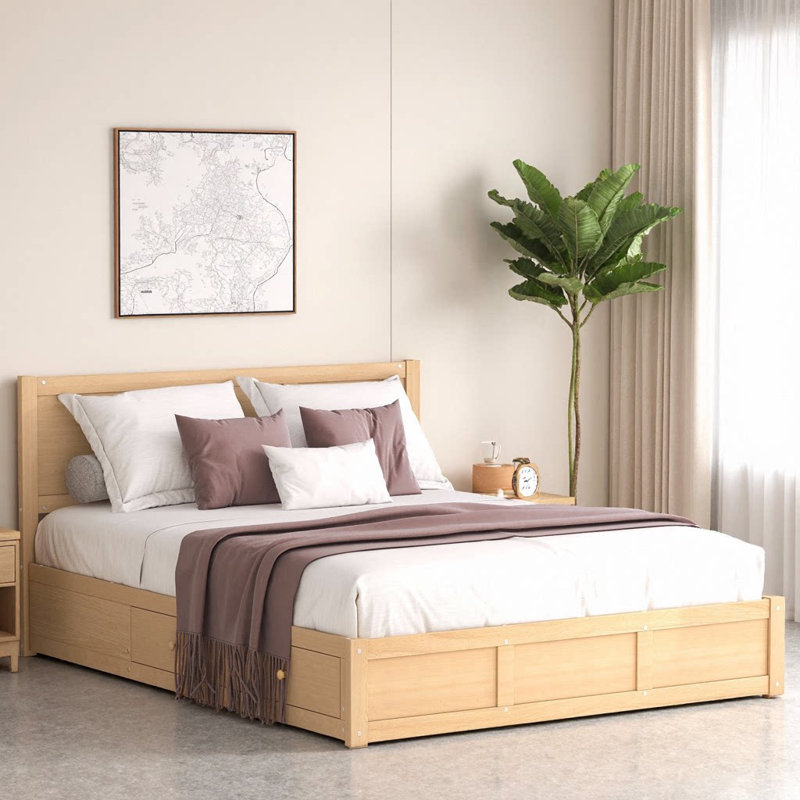 Lit plateforme avec rangement en bois naturel avec 2 tiroirs et rangement sous le lit, Grand lit
