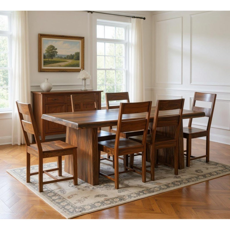 Ensemble de salle à manger sept pièces en bois massif brun avec six chaises, Marron foncé, 7 pièces : table, 6 chaises