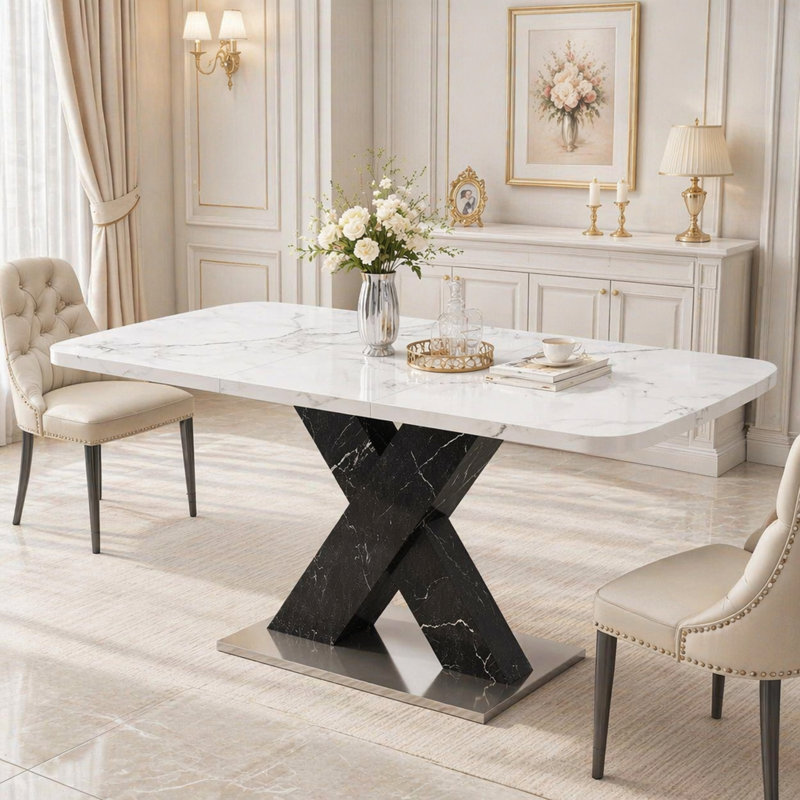 Modern Rectangle Extendable Dining Table with Marble Print and Black Base, White/Black