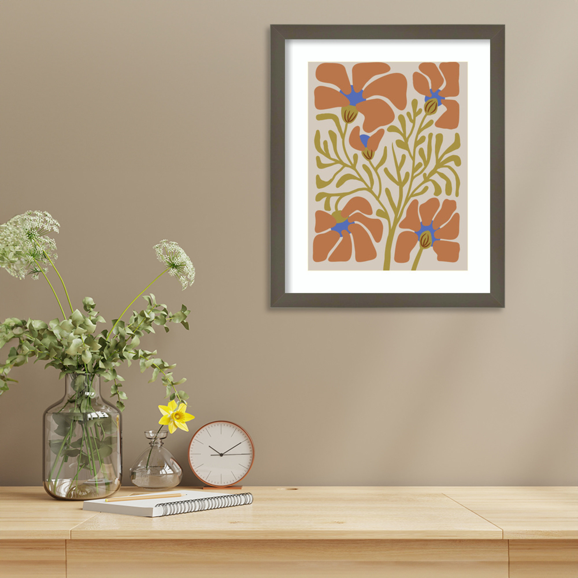 Expressive Abstract House Plant Orange On Tan Framed On Paper by The Creative Bunch Studio Print, Gray, 17" H x 14" W x 1" D