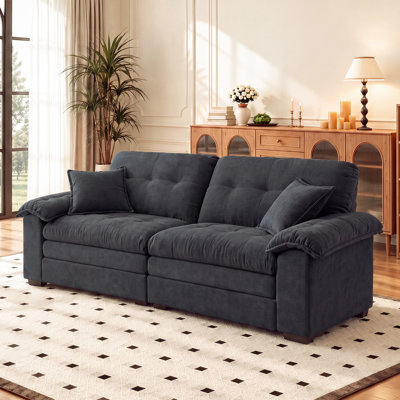 80" W Deep Seat Cloud Sofa, Modern 2 Seater Chenille Loveseat Couch, Fluffy Sink-In Sofa with Wide Armrests and 2 Throw Pillows(Black)