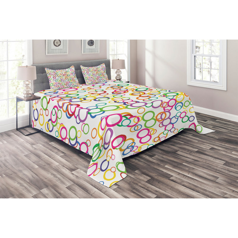 King Size White Quilted Bedspread Set with Colorful Circles