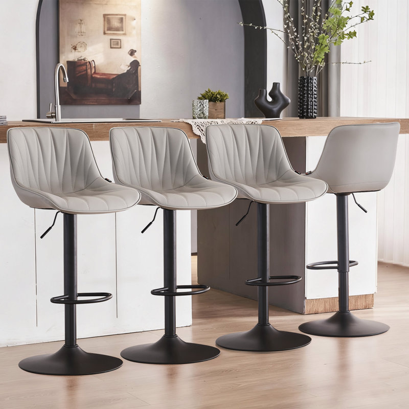 Modern Height Adjustable Swivel Bar Stools Upholstered Leather Barstool Kitchen Island Chairs With Metal Frame, Grey