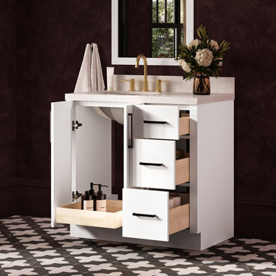 36 Inch Left Offset Single Oval Sink Bathroom Vanity with Carrara White Quartz Countertop 1.5 Inch in White