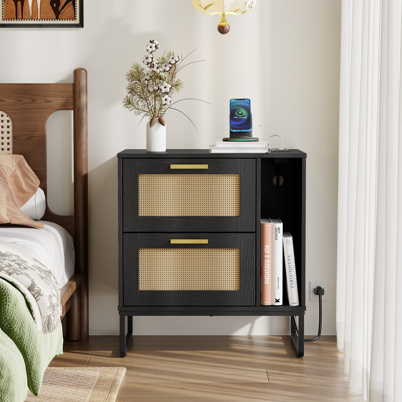 Bennye 21.65'' W Nightstand with Storage and Built-In Outlets,Rattan  Nightstand