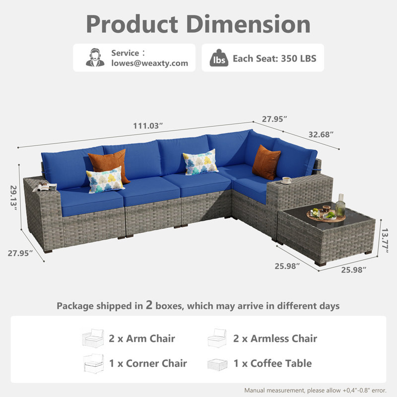 Ensemble de 6 meubles de patio modulaires d'extérieur, ensemble de conversation en osier avec canapé en forme de L, canapé d'extérieur avec table basse